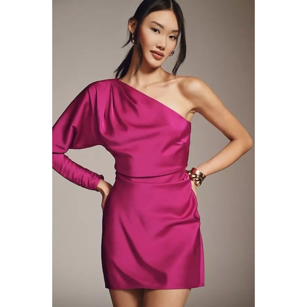 BHLDN Pink One Shoulder Mini Cocktail Party Dress Retail $168 Anthropologie S